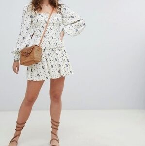 Free People “Two Faces” Ruched Waist Mini Dress – White & Blue Floral – Size S